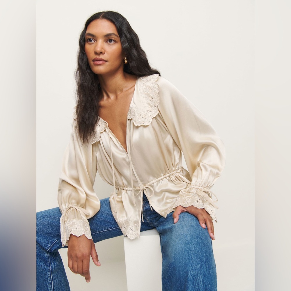 Reformation Cream Satin Lace-Trim Peasant Blouse